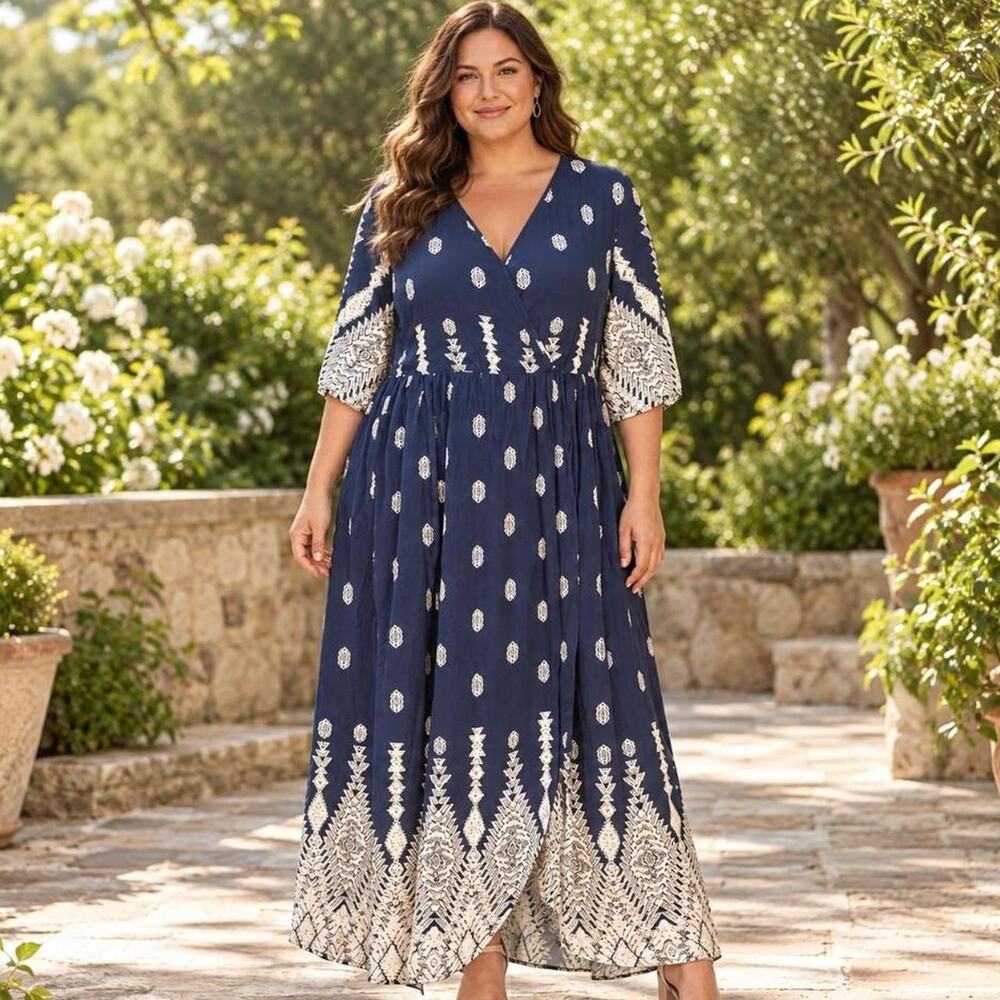 Bloomchic boho geometric print Maxi Dress with pockets. - Plus Size 14/16 1X